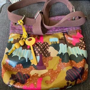 Fossil Key-Per Crossbody Shoulder Bag Purple Print Coated Canvas Purse.